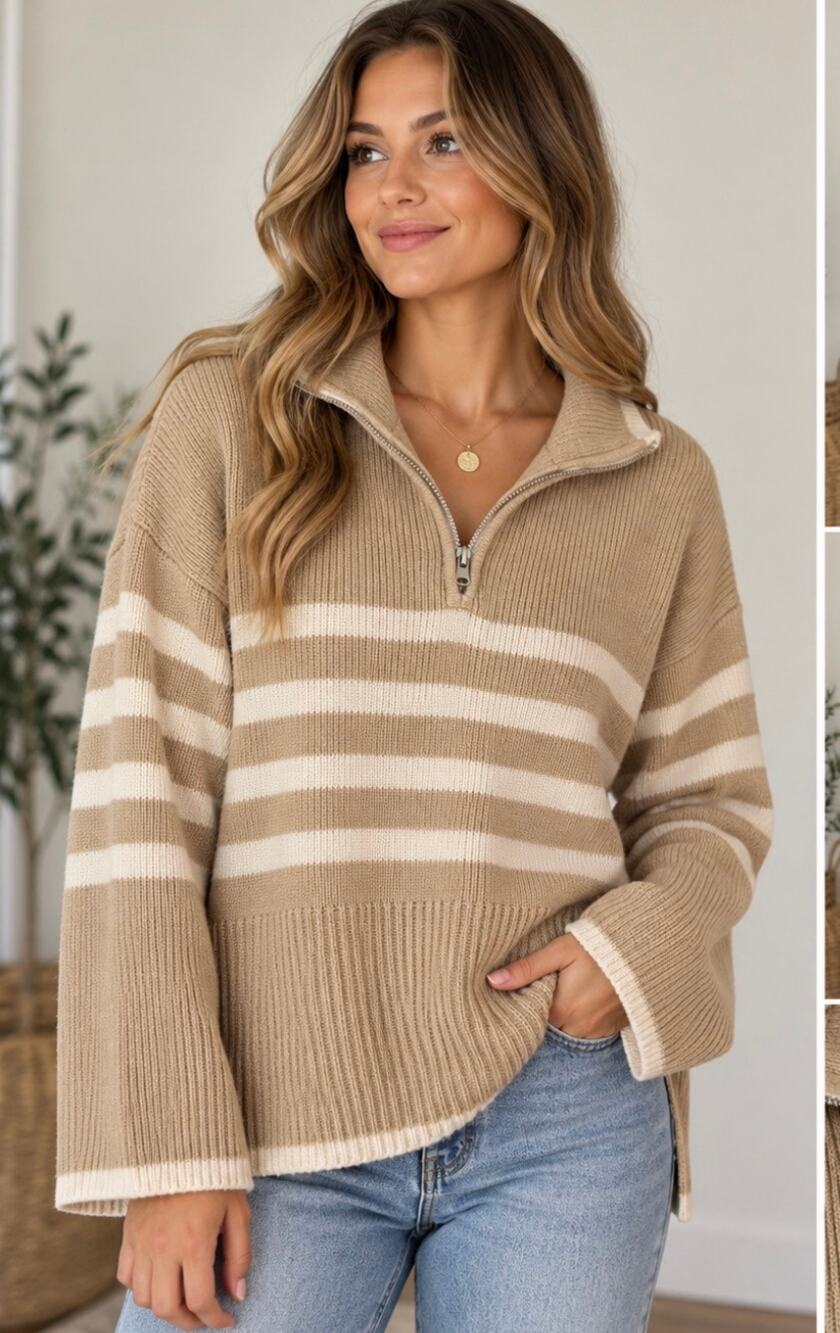 Rails Tan & Cream Striped Half Zip Sweater Size Small